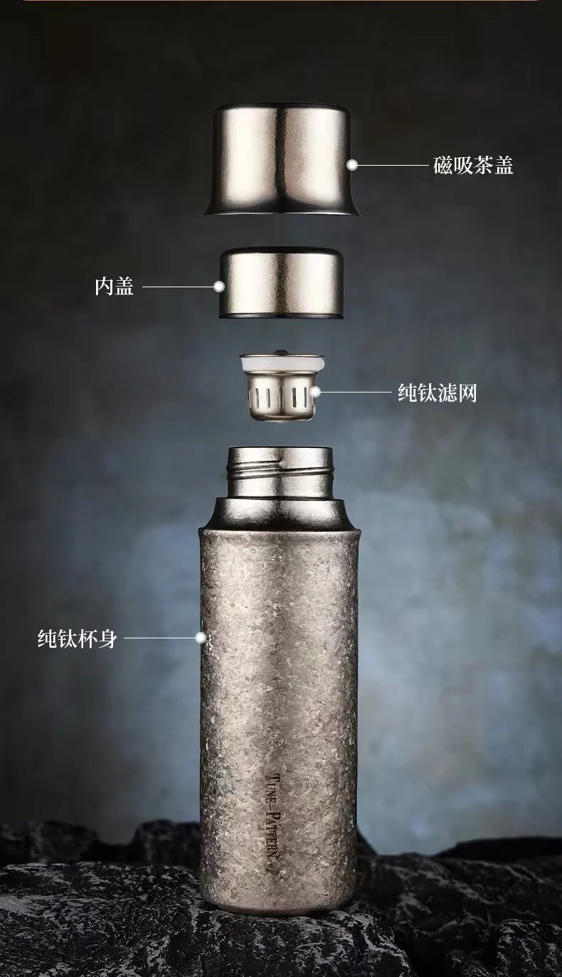 Exploded product photo showing the magnetic tea lid, inner cap, pure titanium filter, and cup body